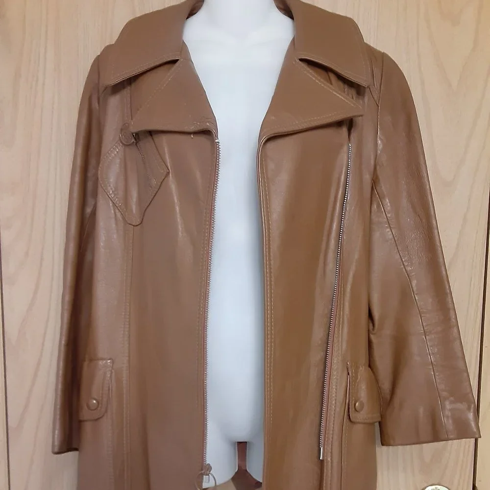 Peter Caruso Light Brown Leather Jacket Long Moto - Picture 1 of 6